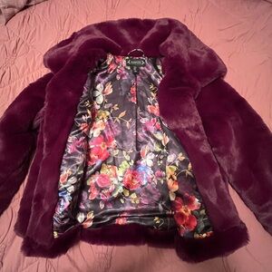 Nanette Lepore Deep Plum Faux Fur Jacket with Floral Lining